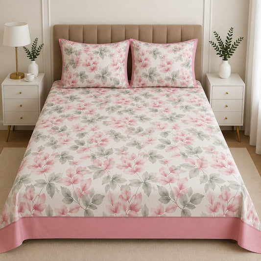 Premium Soft Cotton Pink Floral Border Bed Sheet