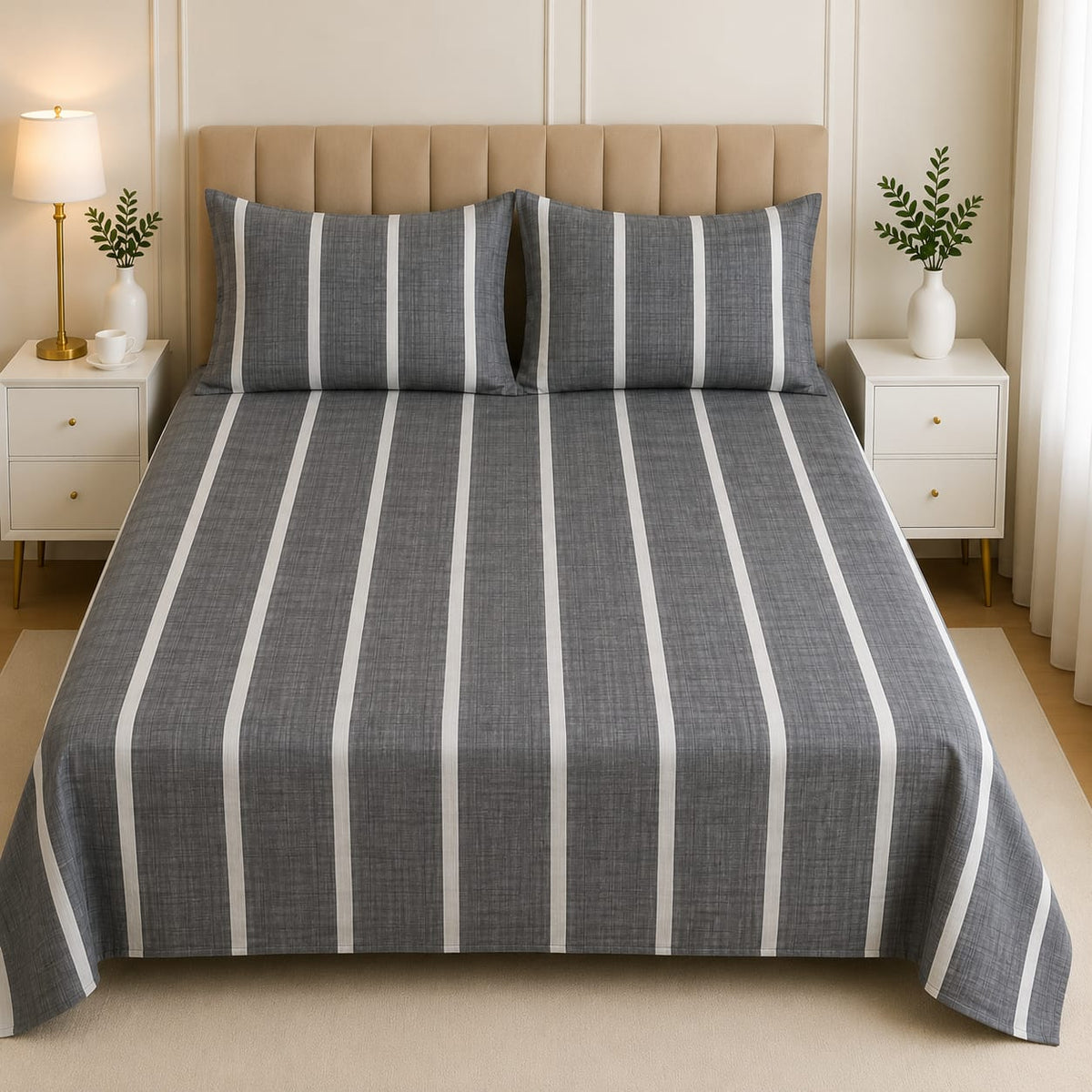 Premium Soft Cotton Grey Stripe Bed Sheet