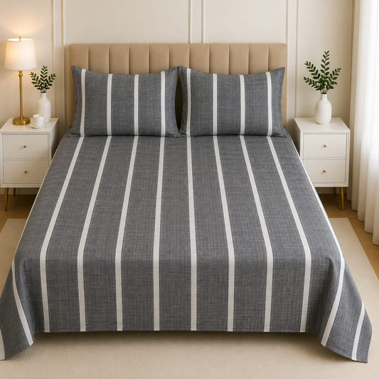 Premium Soft Cotton Grey Stripe Bed Sheet