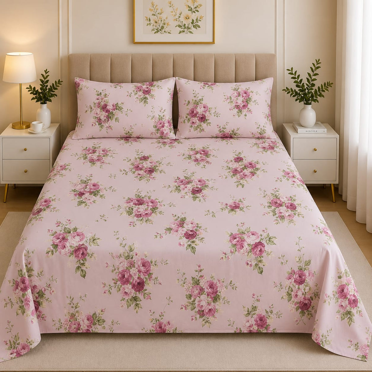 Premium Soft Cotton Pink Floral Bed Sheet