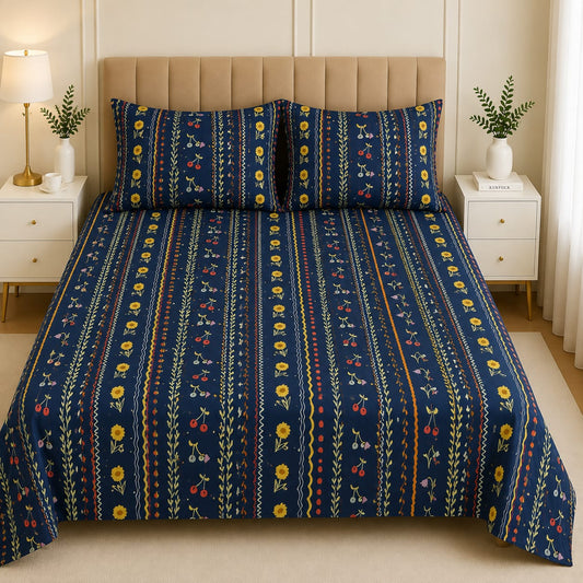 Soft Cotton Bed Sheet Navy Floral Stripe Pattern