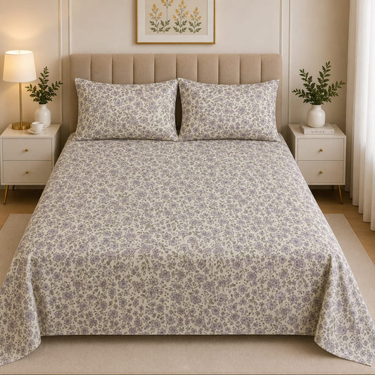 Hogar Lavender Mini Floral Cotton Bedsheet