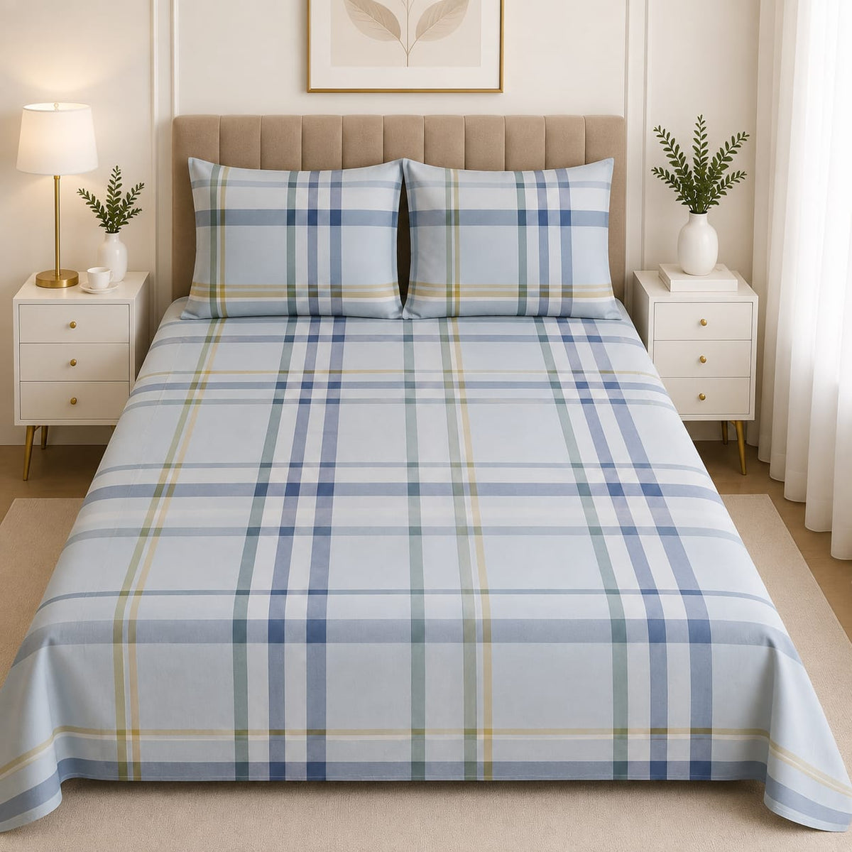 Premium Soft Cotton Blue Check Bed Sheet