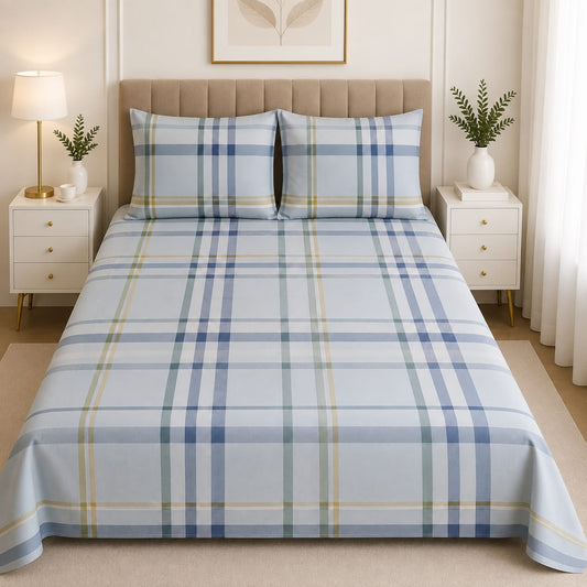Premium Soft Cotton Blue Check Bed Sheet