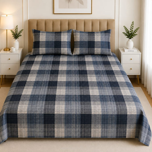 Premium Soft Cotton Navy Check Bed Sheet