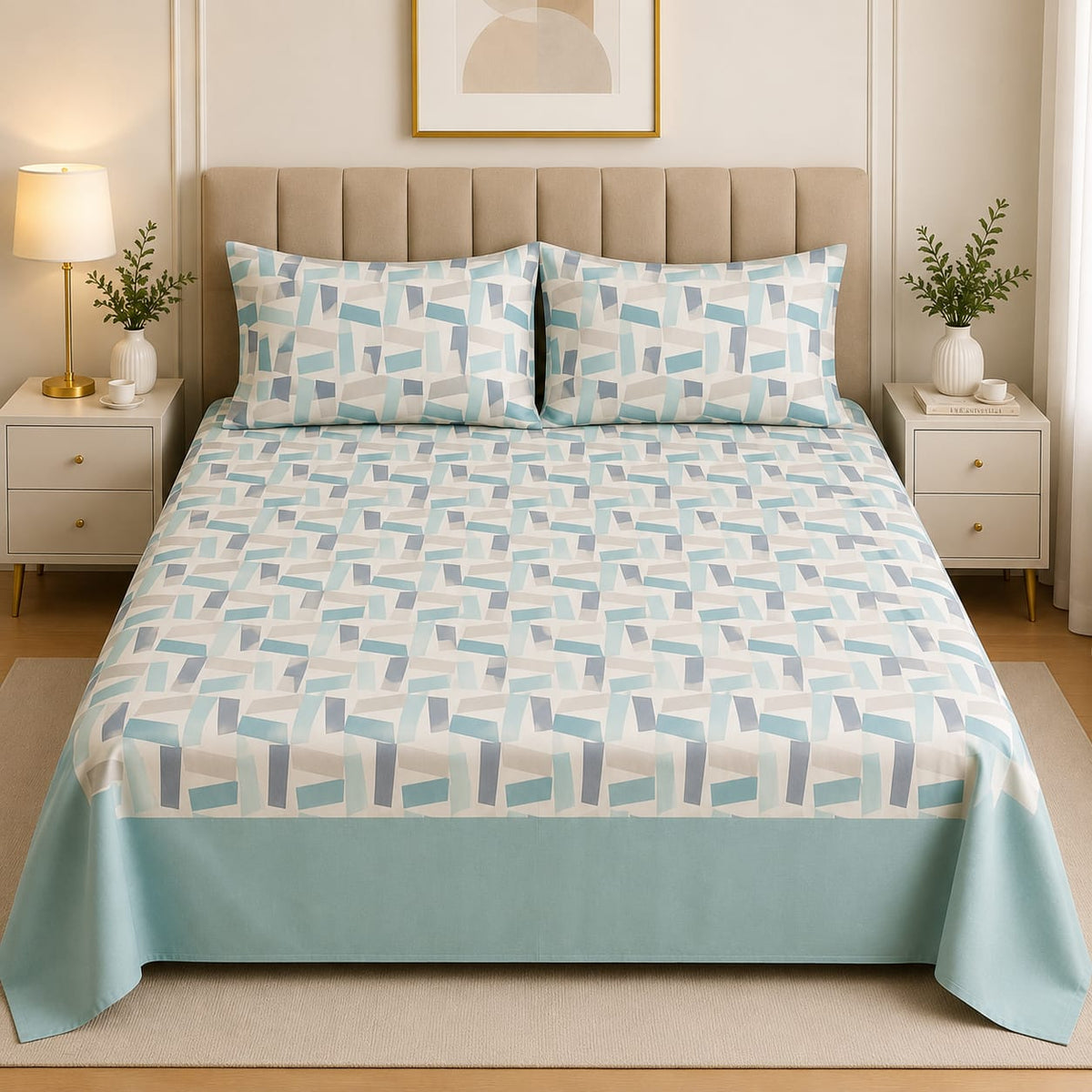 Soft Cotton Bed Sheet Blue Geometric Pattern
