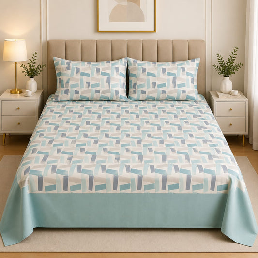 Soft Cotton Bed Sheet Blue Geometric Pattern