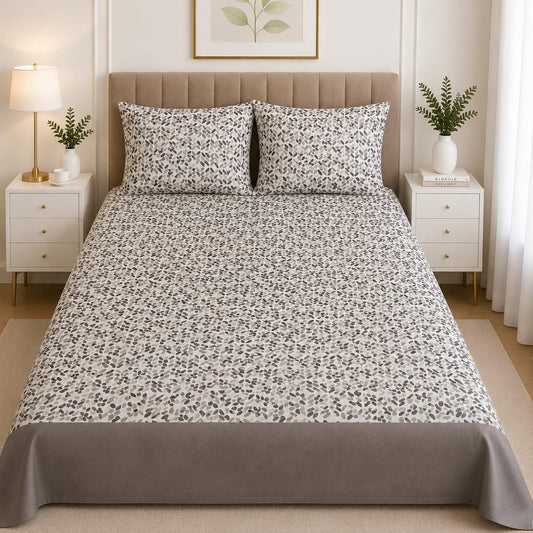 Soft Cotton Bed Sheet Grey Leaf Print Pattern