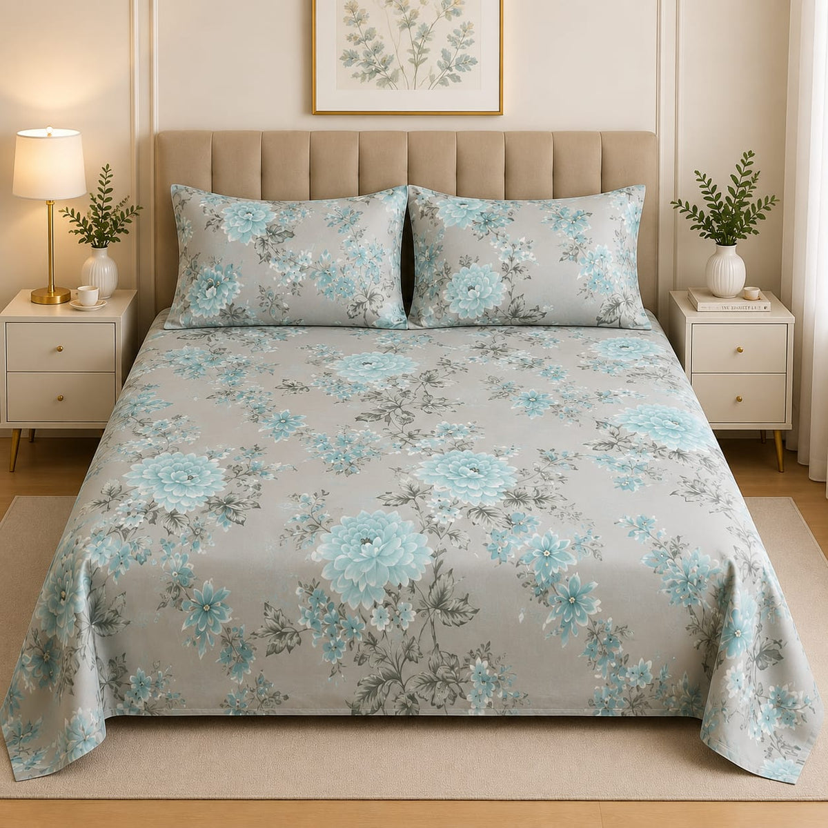 Soft Cotton Bed Sheet Sky Blue Floral Pattern