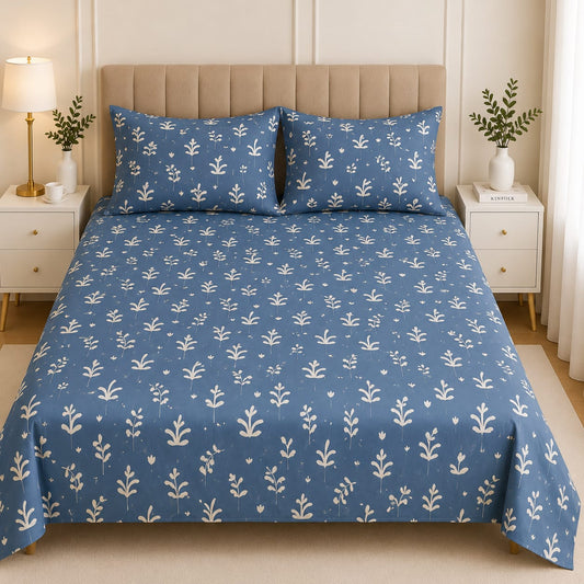 Hogar Blue Floral Sprigs Cotton Bedsheet